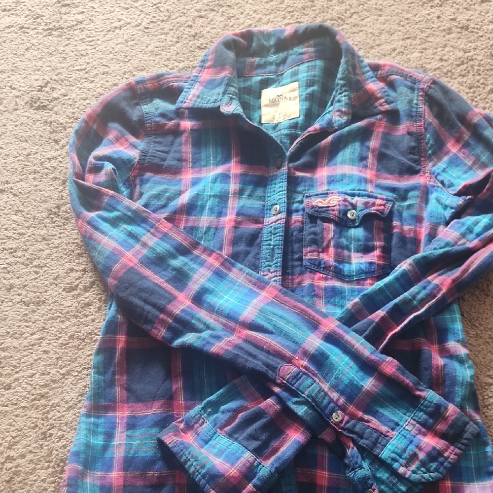 Hollister Blue & Pink Plaid Button-Down Shirt Y2k